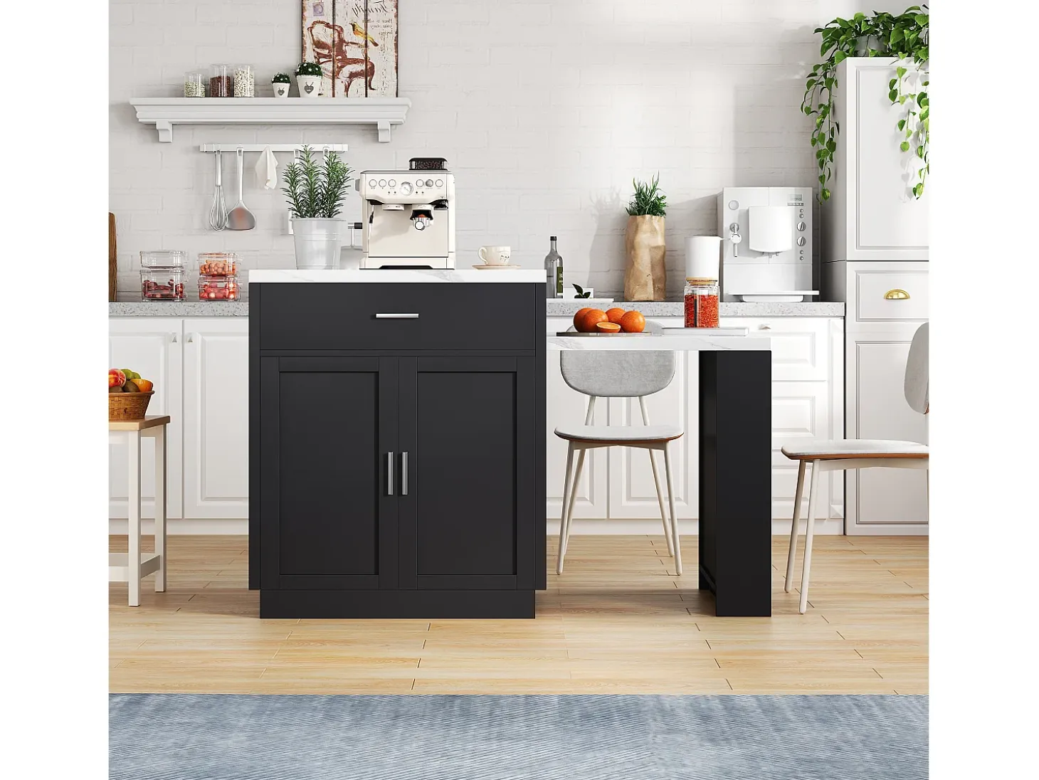 Isla de cocina - con USB - con 2 puertas y 2 cajones - Encimera extensible - Estantes abiertos - Blanco+negro