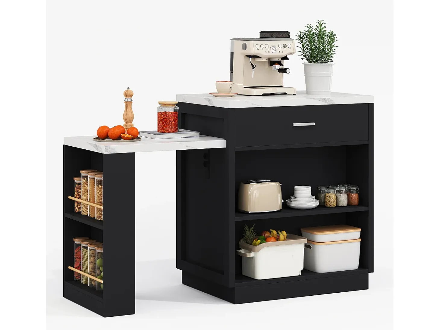 Isla de cocina - con USB - con 2 puertas y 2 cajones - Encimera extensible - Estantes abiertos - Blanco+negro