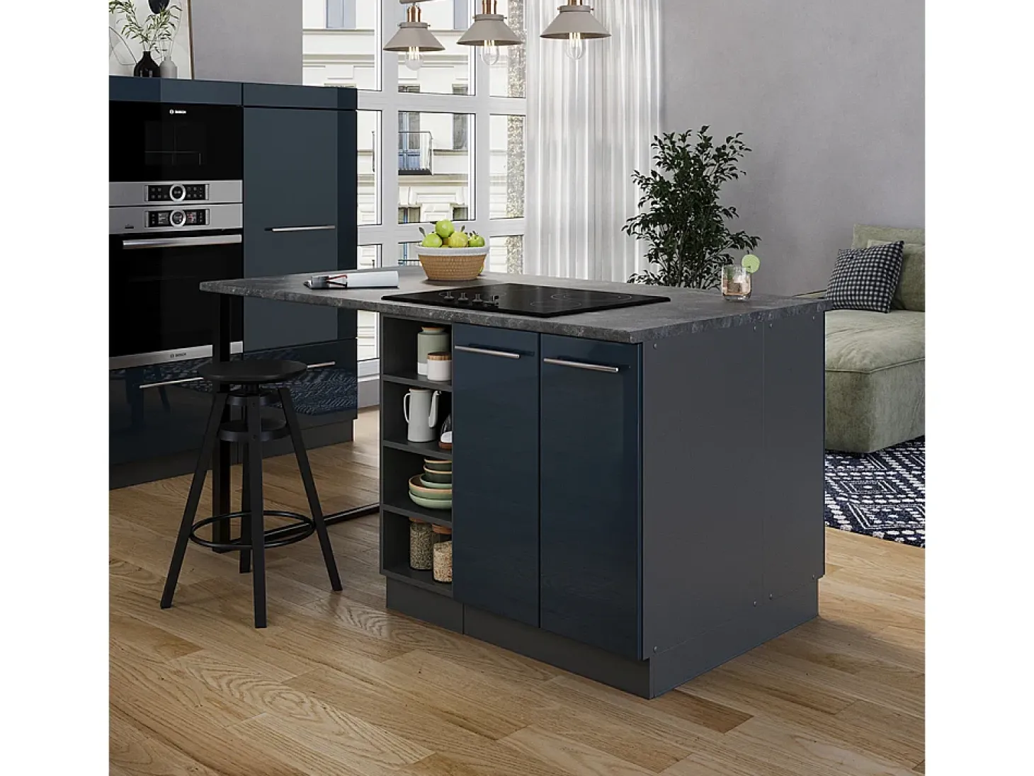 Isla de cocina azul oscuro alto brillo/antracita 90x60x82 fame-line