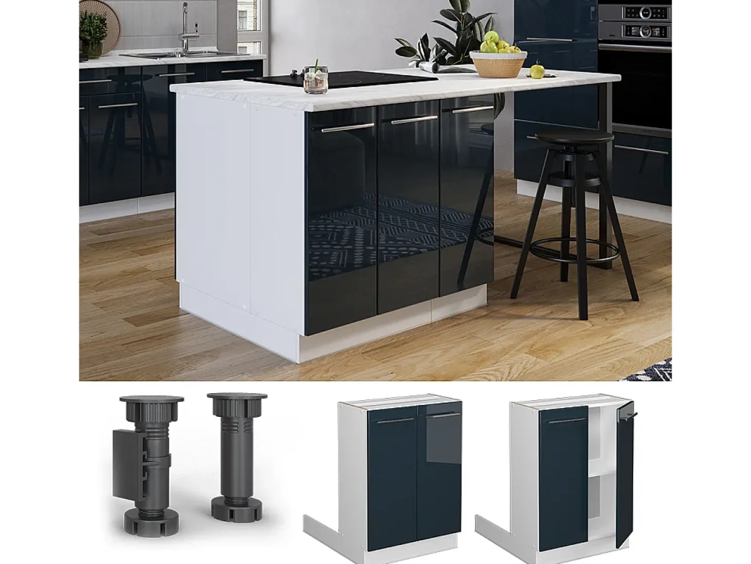Isla de cocina azul oscuro alto brillo 60x30x82 fame-line