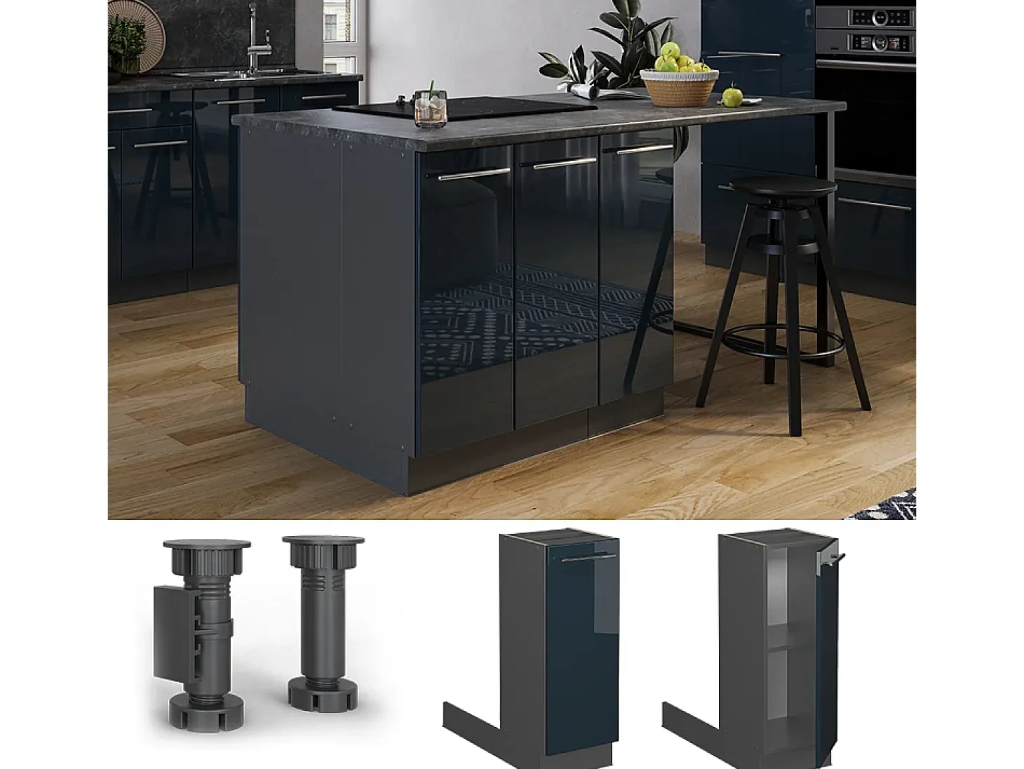 Isla de cocina azul oscuro alto brillo 30x70x82 fame-line