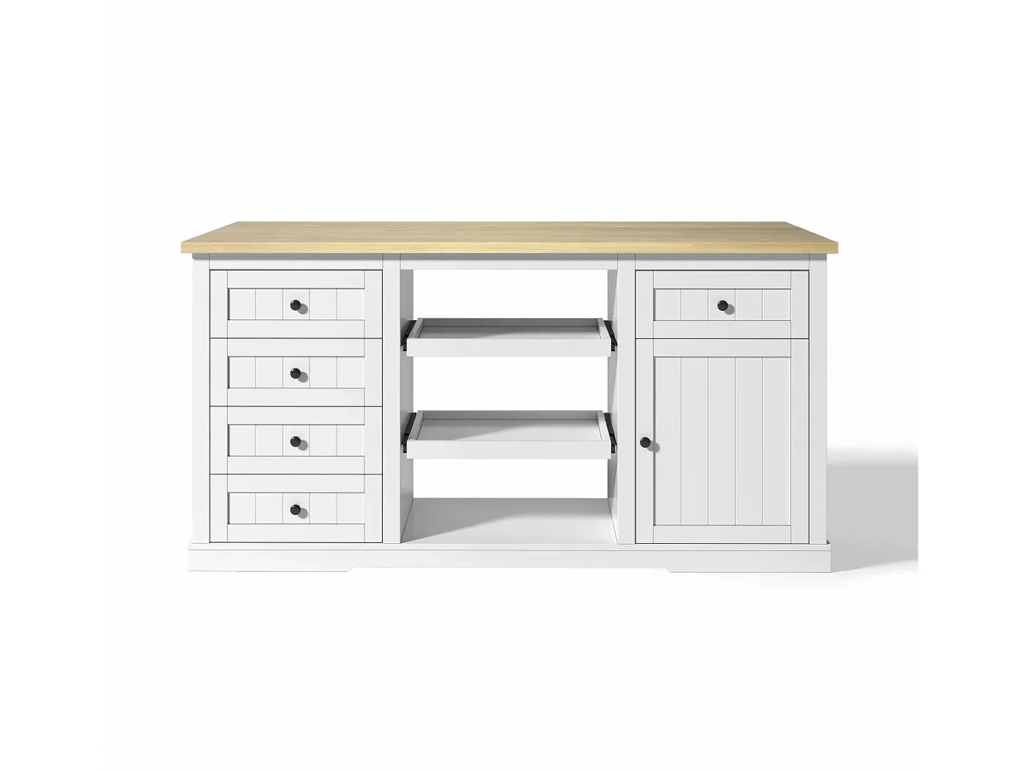 Isla de cocina blanca - Carrito de cocina con 5 cajones y 1 puerta - 2 estantes deslizantes y toma de corriente