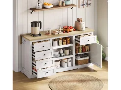 Isla de cocina blanca - Carrito de cocina con 5 cajones y 1 puerta - 2 estantes deslizantes y toma de corriente