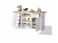 Isla de cocina blanca - Carrito de cocina con 5 cajones y 1 puerta - 2 estantes deslizantes y toma de corriente