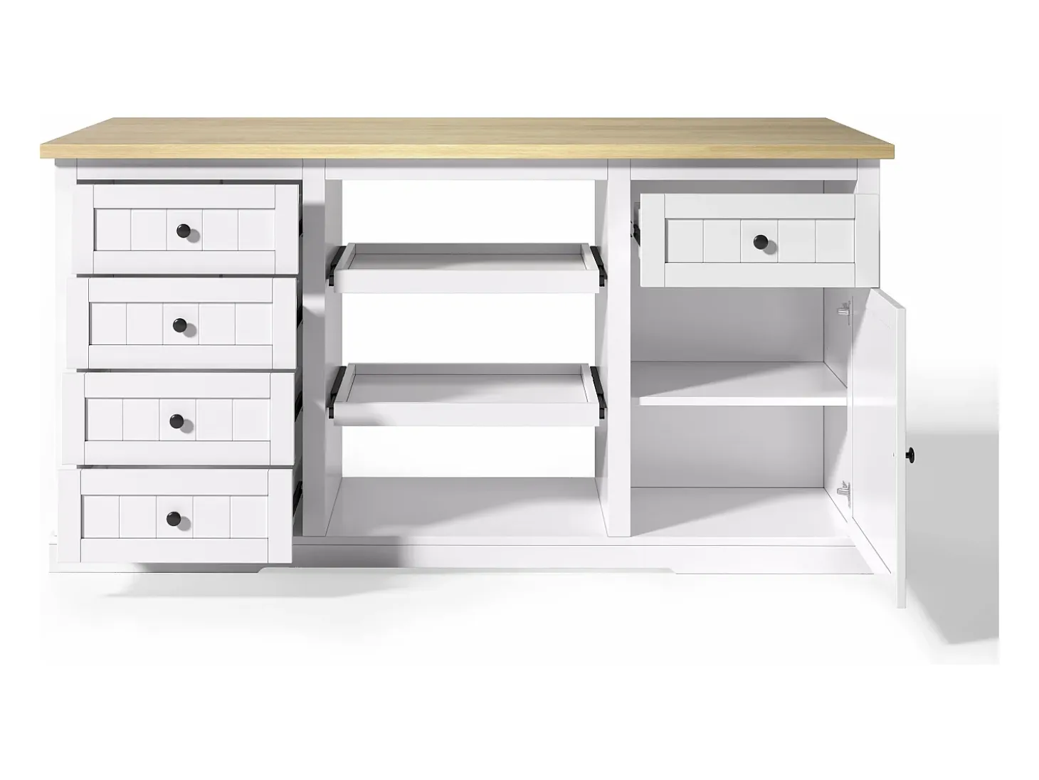 Isla de cocina blanca - Carrito de cocina con 5 cajones y 1 puerta - 2 estantes deslizantes y toma de corriente