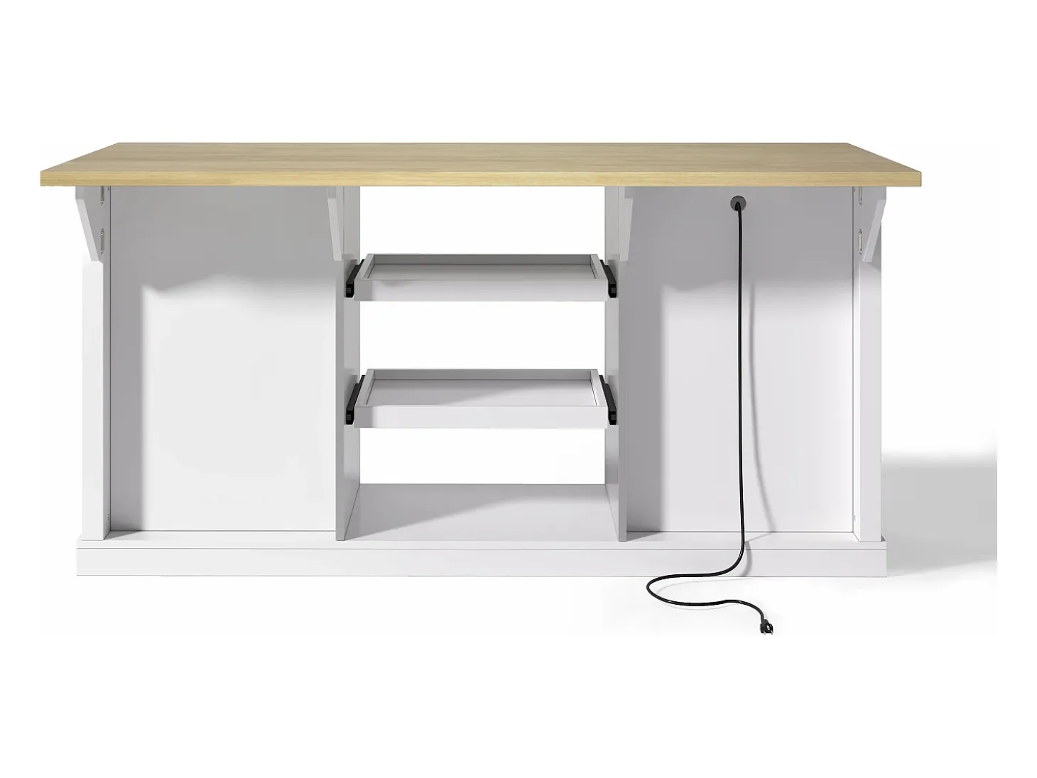 Isla de cocina blanca - Carrito de cocina con 5 cajones y 1 puerta - 2 estantes deslizantes y toma de corriente