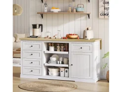 Isla de cocina blanca - Carrito de cocina con 5 cajones y 1 puerta - 2 estantes deslizantes y toma de corriente