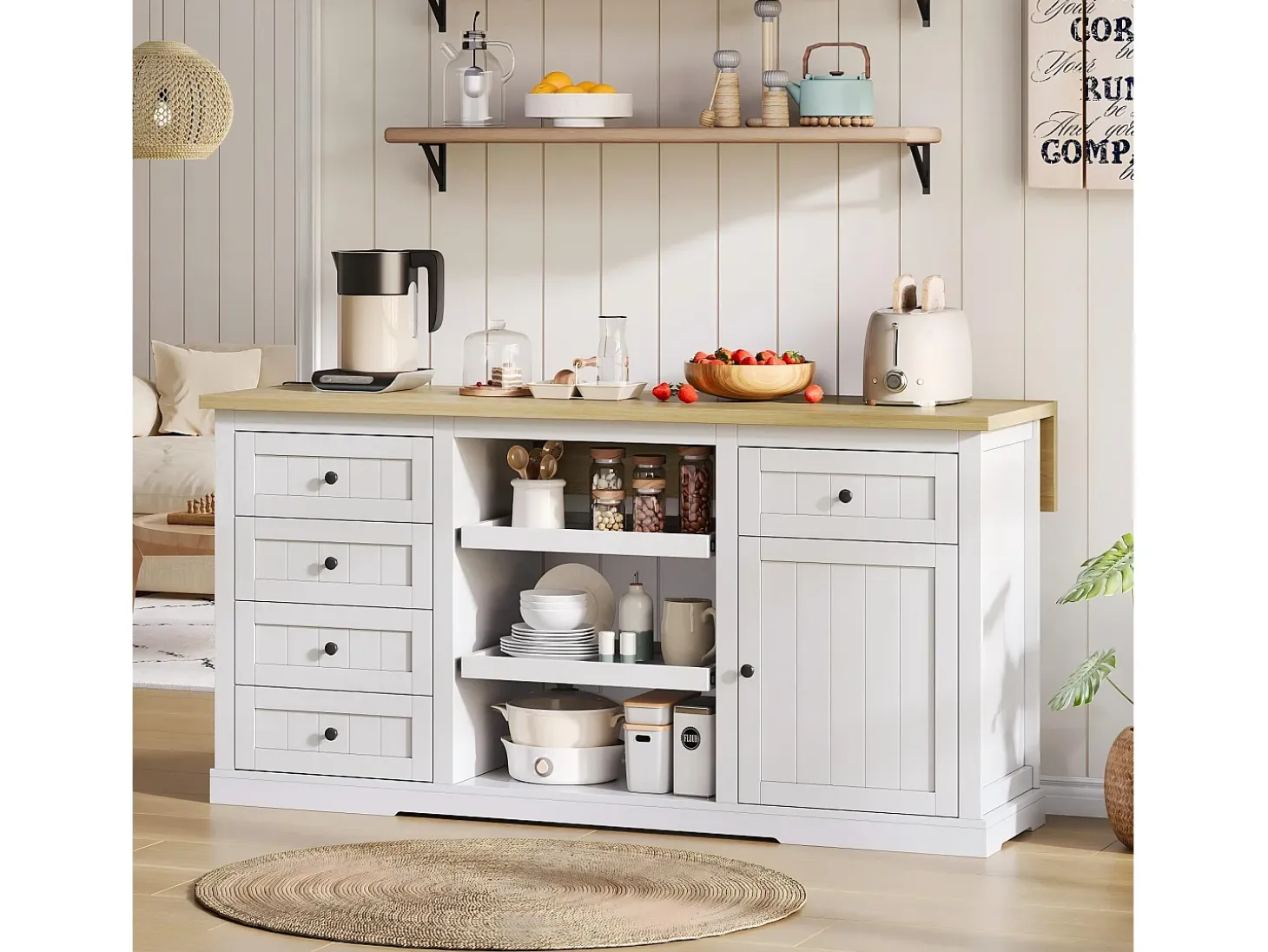 Isla de cocina blanca - Carrito de cocina con 5 cajones y 1 puerta - 2 estantes deslizantes y toma de corriente