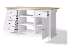 Isla de cocina blanca - Carrito de cocina con 5 cajones y 1 puerta - 2 estantes deslizantes y toma de corriente