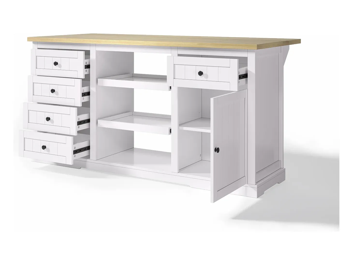 Isla de cocina blanca - Carrito de cocina con 5 cajones y 1 puerta - 2 estantes deslizantes y toma de corriente