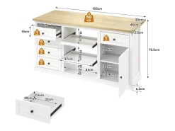 Isla de cocina blanca - Carrito de cocina con 5 cajones y 1 puerta - 2 estantes deslizantes y toma de corriente