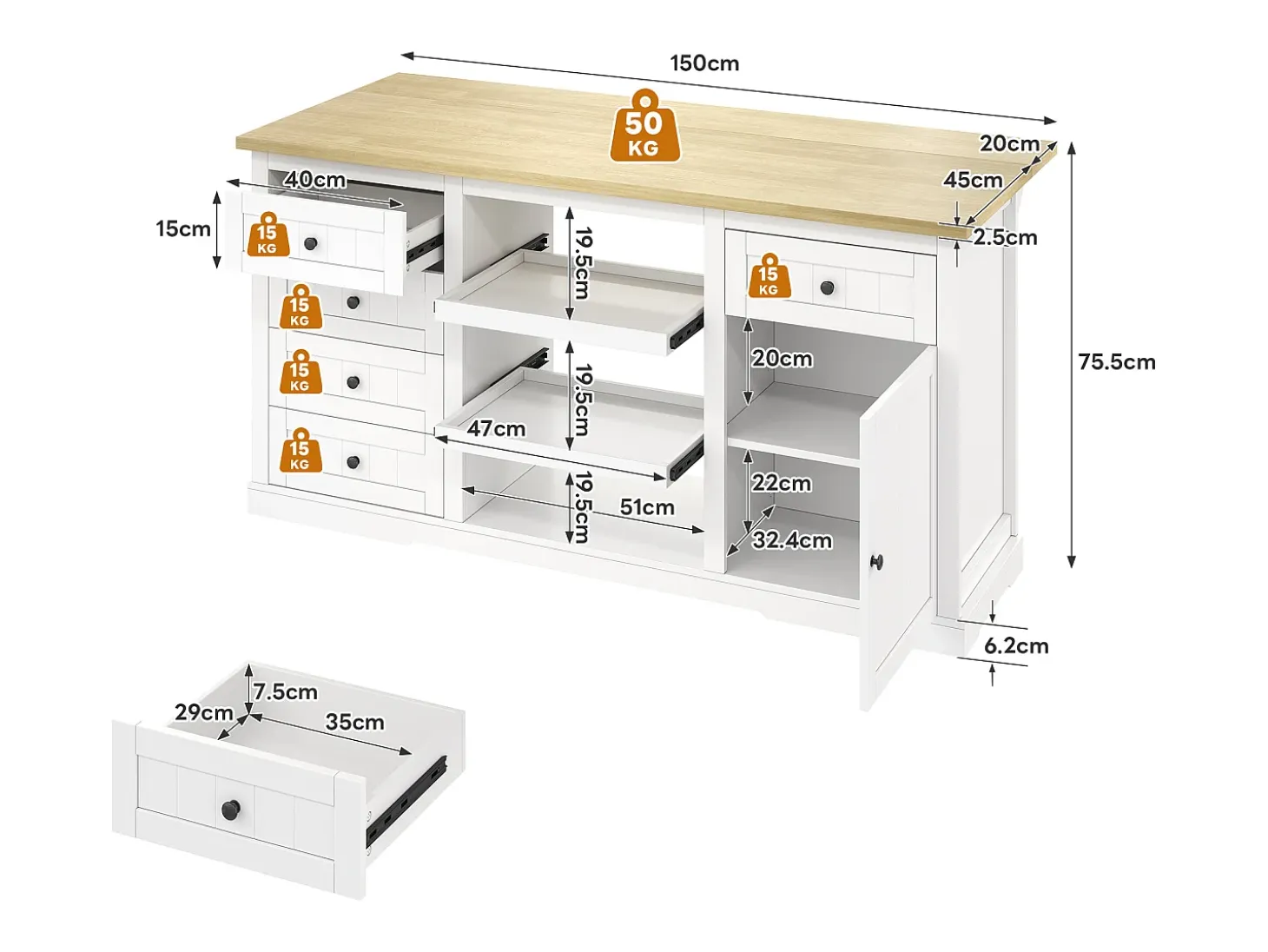 Isla de cocina blanca - Carrito de cocina con 5 cajones y 1 puerta - 2 estantes deslizantes y toma de corriente