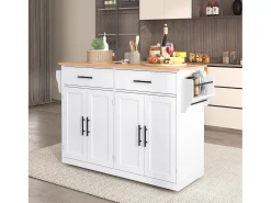Isla de cocina blanca - Isla de cocina con ruedas y patas de madera - Encimera abatible - 2 cajones 4 puertas