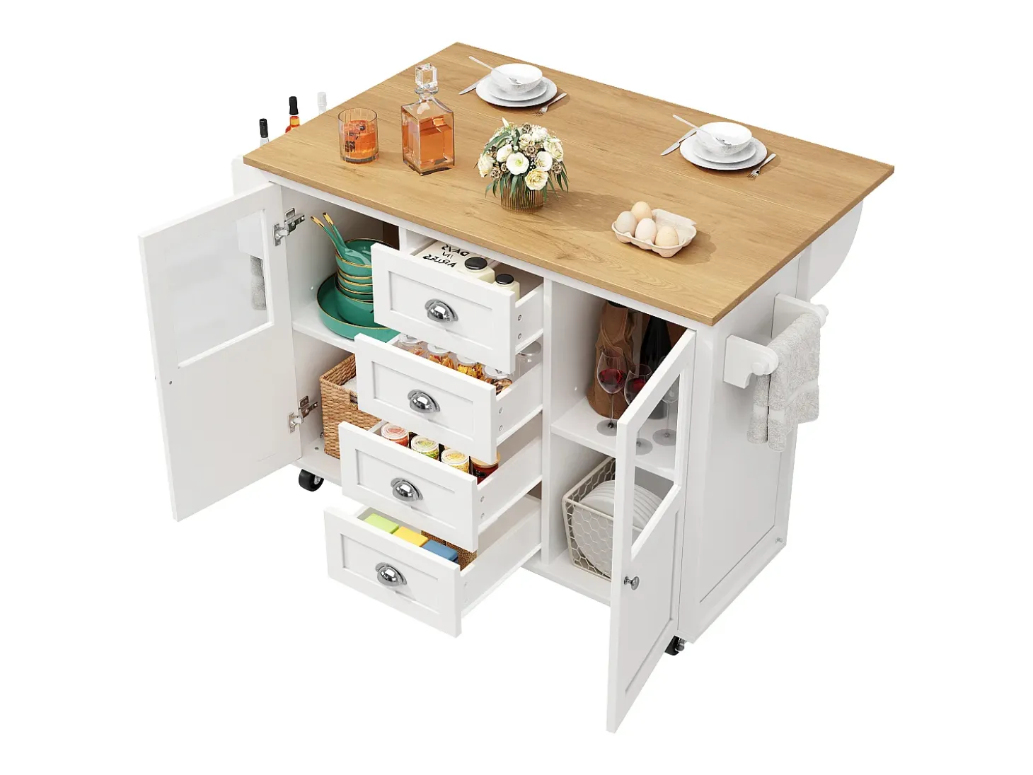 Isla de cocina blanca, isla de cocina móvil con 2 puertas y 4 cajones, encimera abatible - tiradores plateados
