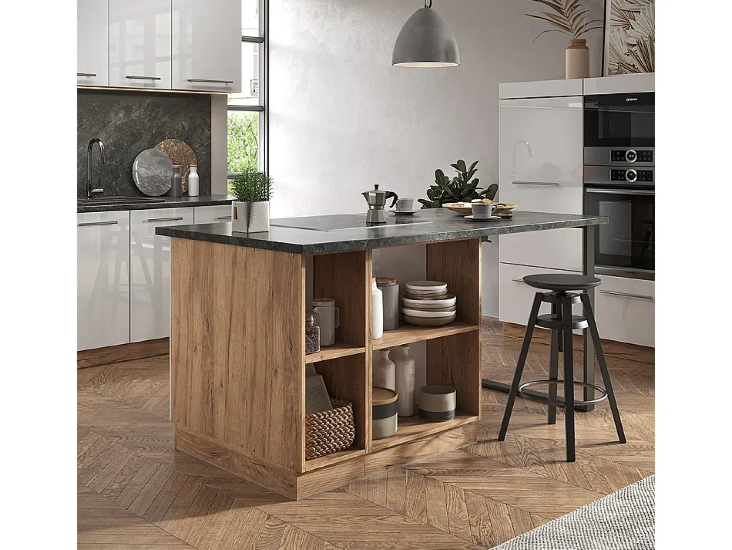 Isla de cocina blanco brillo intenso/roble dorado 90x60x82 fame-line