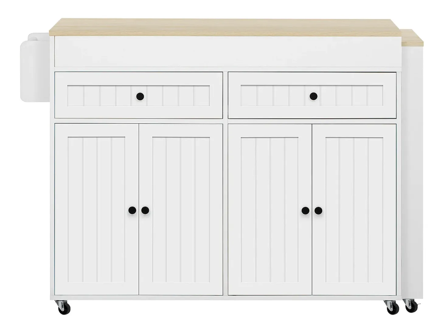 Isla de cocina central - con 4 puertas y 2 cajones - tablero extensible - con ruedas - 180,5×45×92,2 cm - Blanco + Natural
