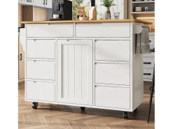 Isla de cocina central móvil - Tablero extensible - 8 cajones y 1 puerta - Con estante para especias - MDF - Blanco