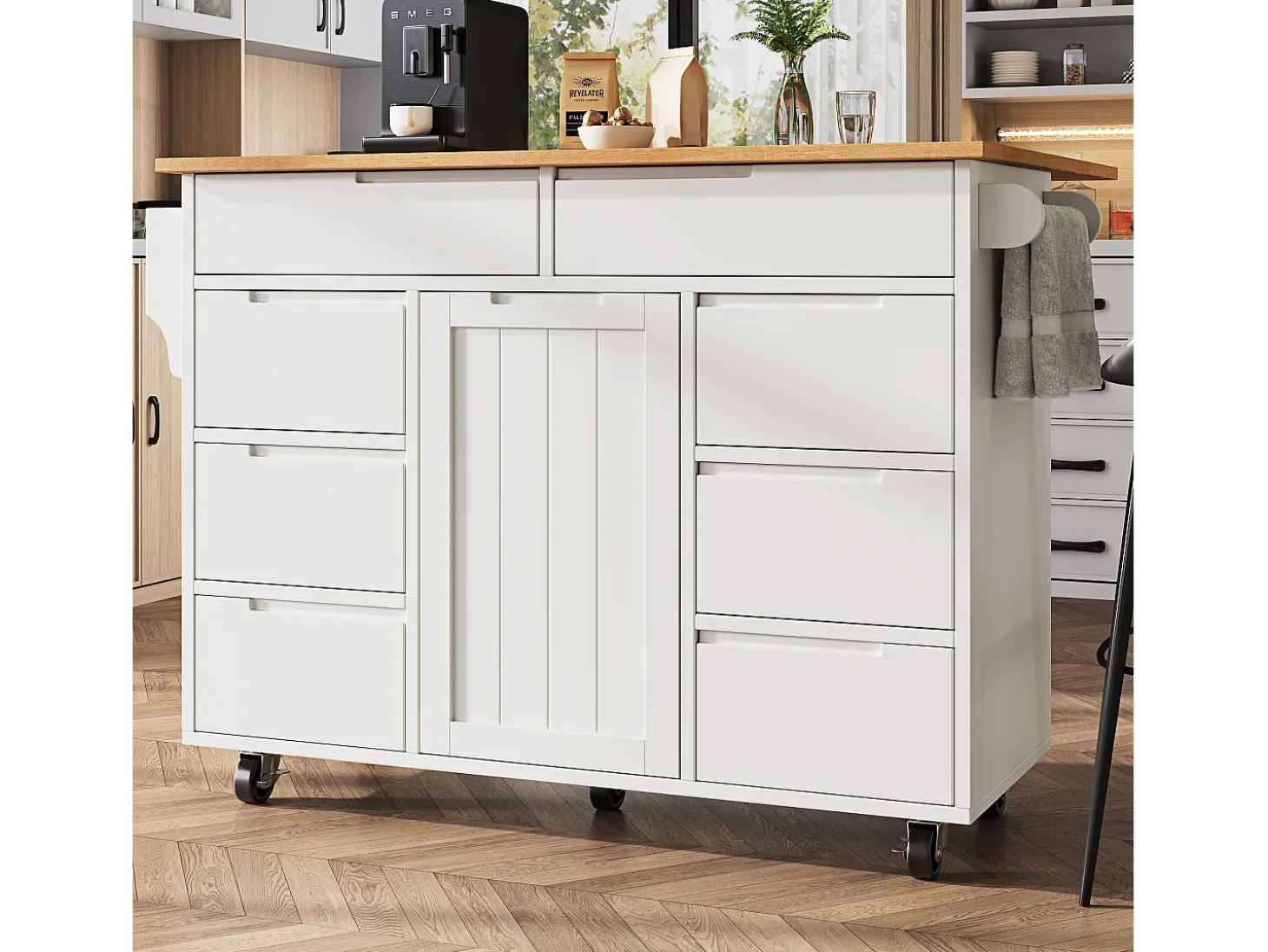 Isla de cocina central móvil - Tablero extensible - 8 cajones y 1 puerta - Con estante para especias - MDF - Blanco