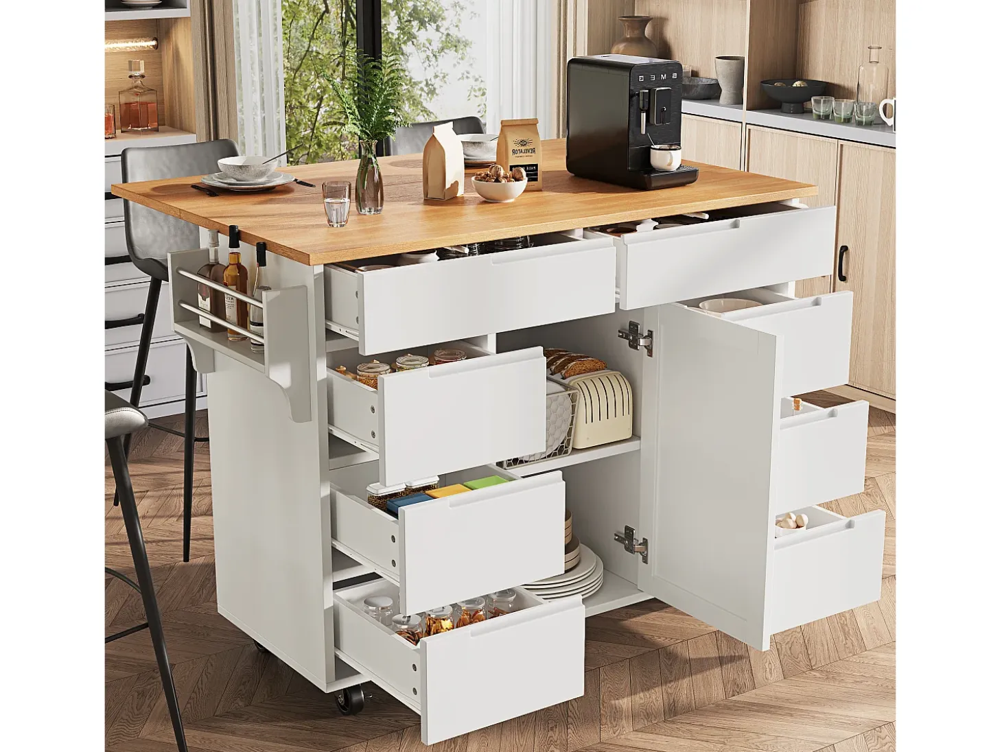 Isla de cocina central móvil - Tablero extensible - 8 cajones y 1 puerta - Con estante para especias - MDF - Blanco