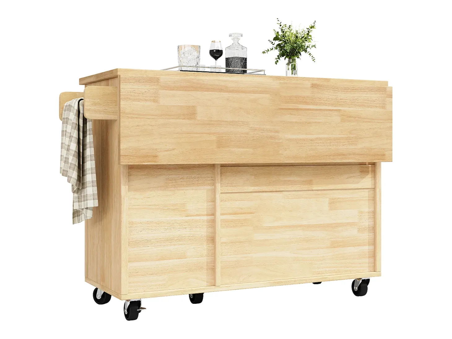 Isla de cocina central móvil - Tablero extensible - 120x45x92 cm - 2 puertas - con toallero - MDF - decoración de celosía - Natural