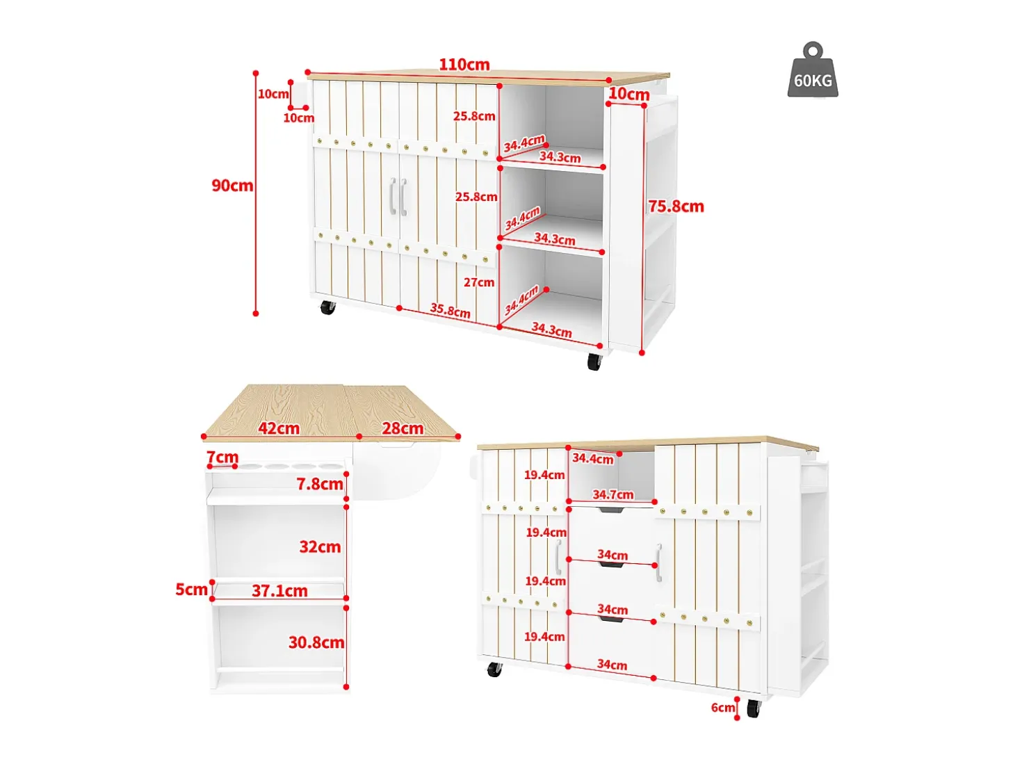 Isla de cocina central móvil - Tablero extensible - 3 cajones - Con estante para especias y toallero - MDF - blanco