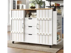 Isla de cocina central móvil - Tablero extensible - 3 cajones - Con estante para especias y toallero - MDF - blanco