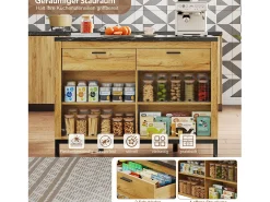 Isla de cocina con 2 cajones y 4 estantes abiertos - Encimera efecto mármol negro - Color madera