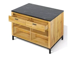 Isla de cocina con 2 cajones y 4 estantes abiertos - Encimera efecto mármol negro - Color madera