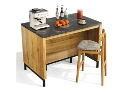 Isla de cocina con 2 cajones y 4 estantes abiertos - Encimera efecto mármol negro - Color madera