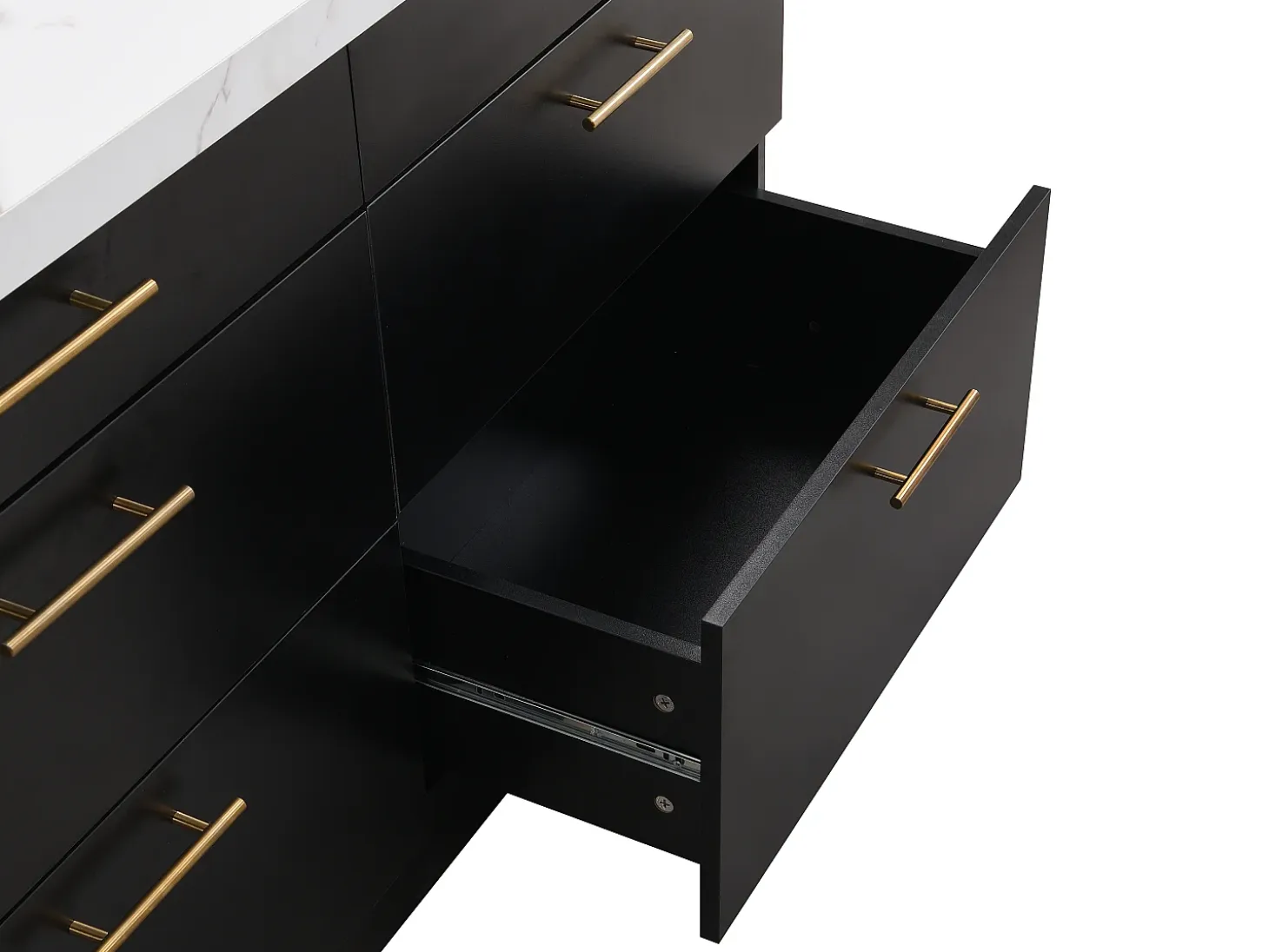Isla de cocina con 6 cajones de MDF y metal - Negro y efecto mármol blanco - ALEGRITA