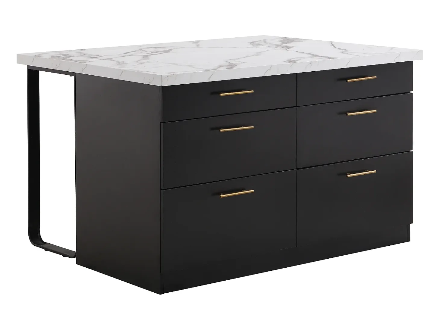 Isla de cocina con 6 cajones de MDF y metal - Negro y efecto mármol blanco - ALEGRITA