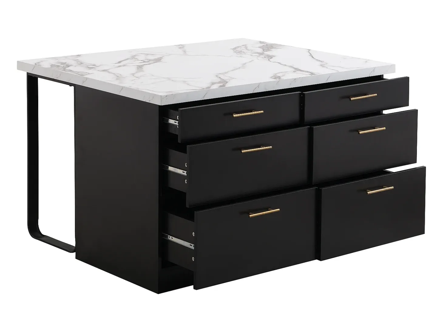 Isla de cocina con 6 cajones de MDF y metal - Negro y efecto mármol blanco - ALEGRITA