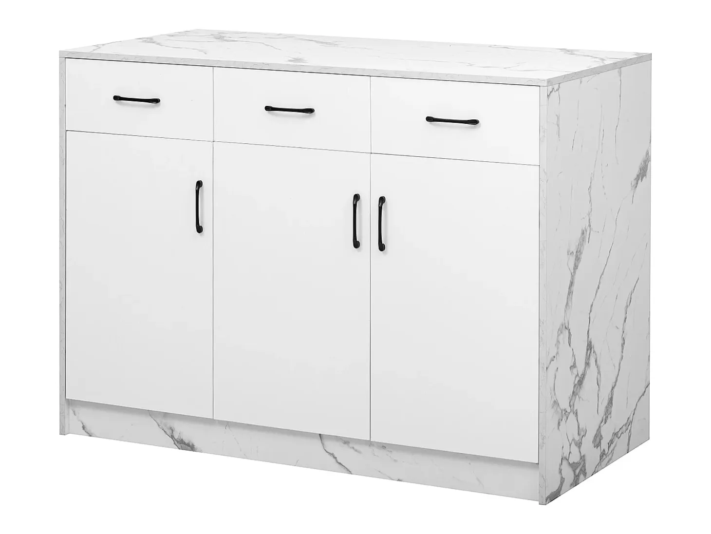 Isla de cocina con 3 puertas y 3 cajones - 112 x 60 x 90,5 cm - Encimera efecto mármol - Madera MDF - Blanco