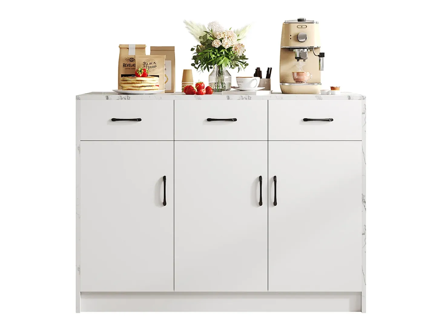 Isla de cocina con 3 puertas y 3 cajones - 112 x 60 x 90,5 cm - Encimera efecto mármol - Madera MDF - Blanco