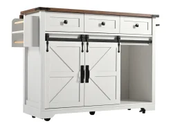 Isla de cocina con 2 puertas correderas y 3 cajones - Blanca y marrón