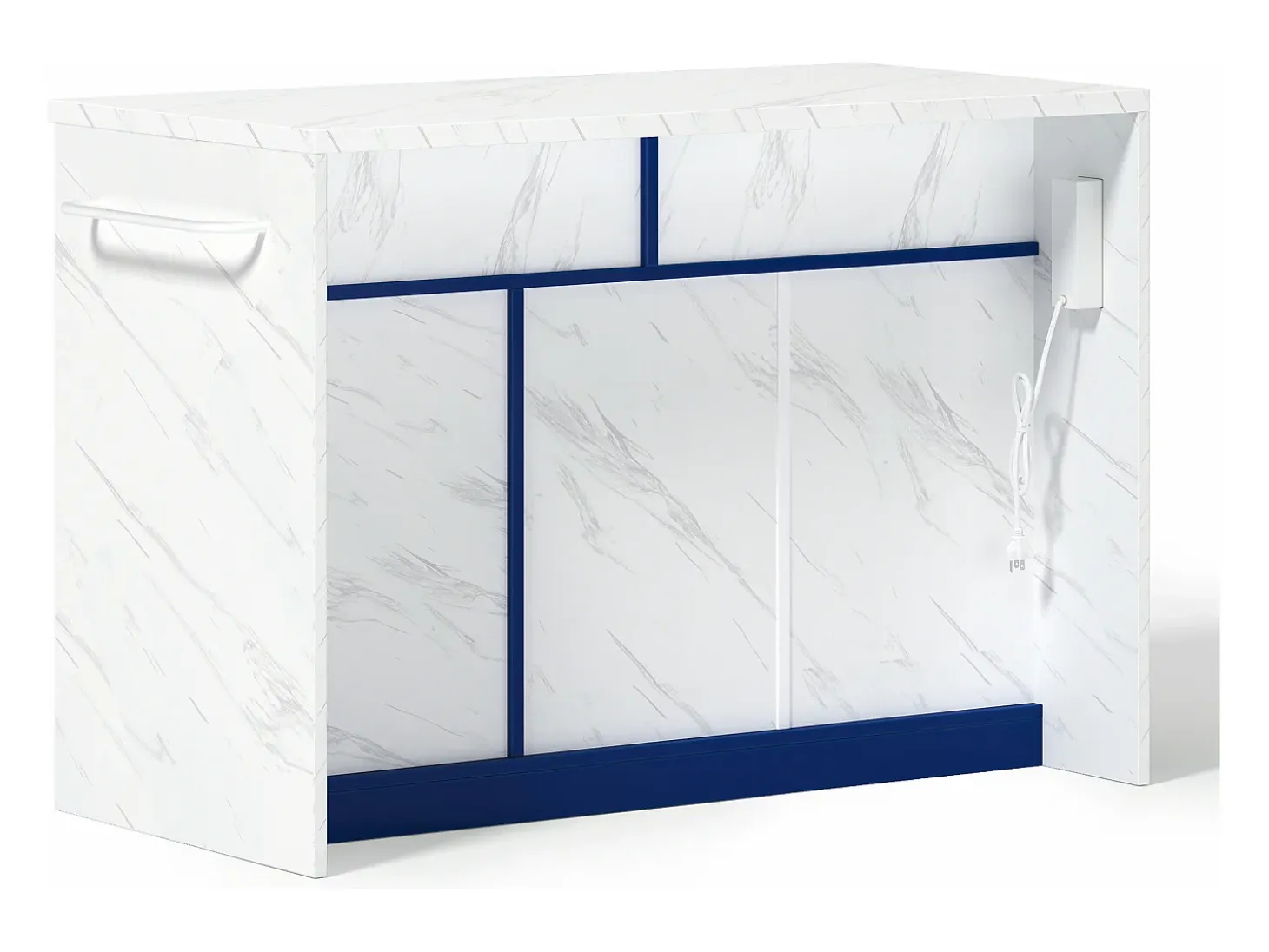 Isla de cocina con 3 puertas, 2 cajones y puerto USB - Efecto mármol blanco - Azul
