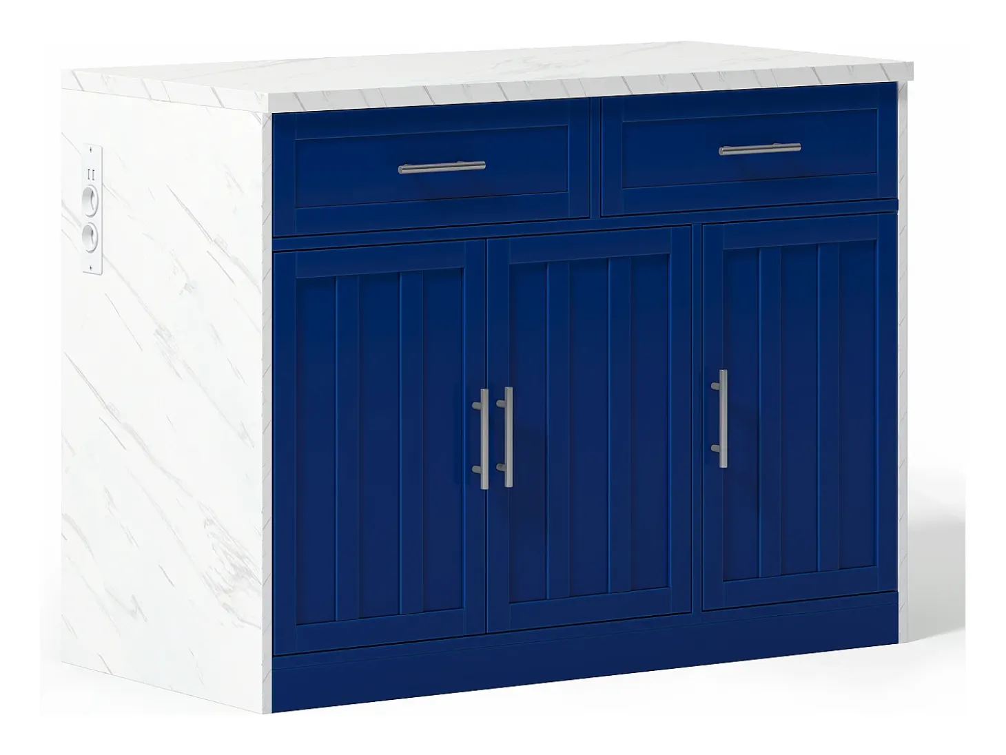 Isla de cocina con 3 puertas, 2 cajones y puerto USB - Efecto mármol blanco - Azul