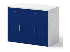 Isla de cocina con 3 puertas, 2 cajones y puerto USB - Efecto mármol blanco - Azul
