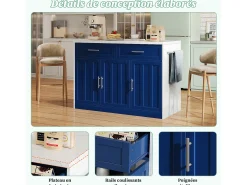 Isla de cocina con 3 puertas, 2 cajones y puerto USB - Efecto mármol blanco - Azul