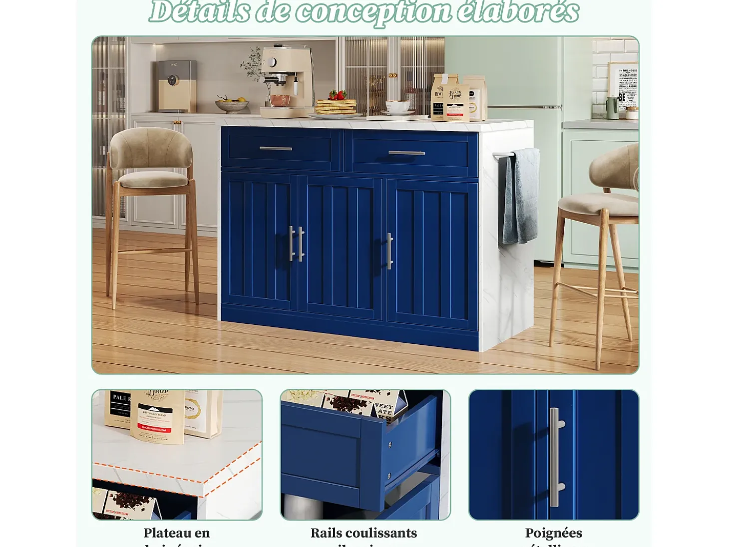 Isla de cocina con 3 puertas, 2 cajones y puerto USB - Efecto mármol blanco - Azul