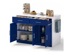 Isla de cocina con 3 puertas, 2 cajones y puerto USB - Efecto mármol blanco - Azul