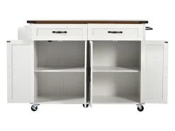 Isla de cocina con encimera extensible, carrito de servicio con 4 puertas y 2 cajones, MDF beige y madera (140x45x92,5 cm)