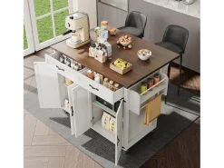 Isla de cocina con encimera extensible, carrito de servicio con 4 puertas y 2 cajones, MDF beige y madera (140x45x92,5 cm)