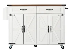 Isla de cocina con encimera extensible, carrito de servicio con 4 puertas y 2 cajones, MDF beige y madera (140x45x92,5 cm)