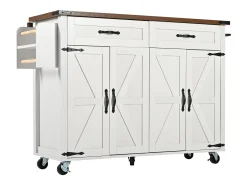 Isla de cocina con encimera extensible, carrito de servicio con 4 puertas y 2 cajones, MDF beige y madera (140x45x92,5 cm)