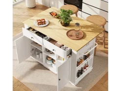 Isla de cocina con encimera abatible, carrito de cocina con toma de corriente, MDF y metal, blanco y natural (151,5x59,7x91,7 cm)