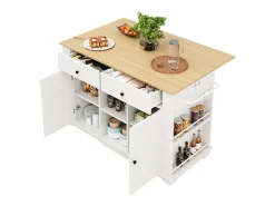 Isla de cocina con encimera abatible, carrito de cocina con toma de corriente, MDF y metal, blanco y natural (151,5x59,7x91,7 cm)