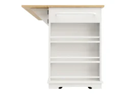 Isla de cocina con encimera abatible, carrito de cocina con toma de corriente, MDF y metal, blanco y natural (151,5x59,7x91,7 cm)