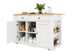 Isla de cocina con encimera abatible, carrito de cocina con toma de corriente, MDF y metal, blanco y natural (151,5x59,7x91,7 cm)