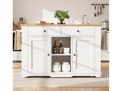 Isla de cocina con encimera abatible, carrito de cocina con toma de corriente, MDF y metal, blanco y natural (151,5x59,7x91,7 cm)